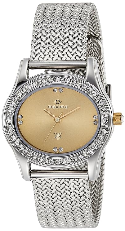 Maxima Stainless Steel Analog Gold Dial Women Watch-48640Cmli, Silver Band