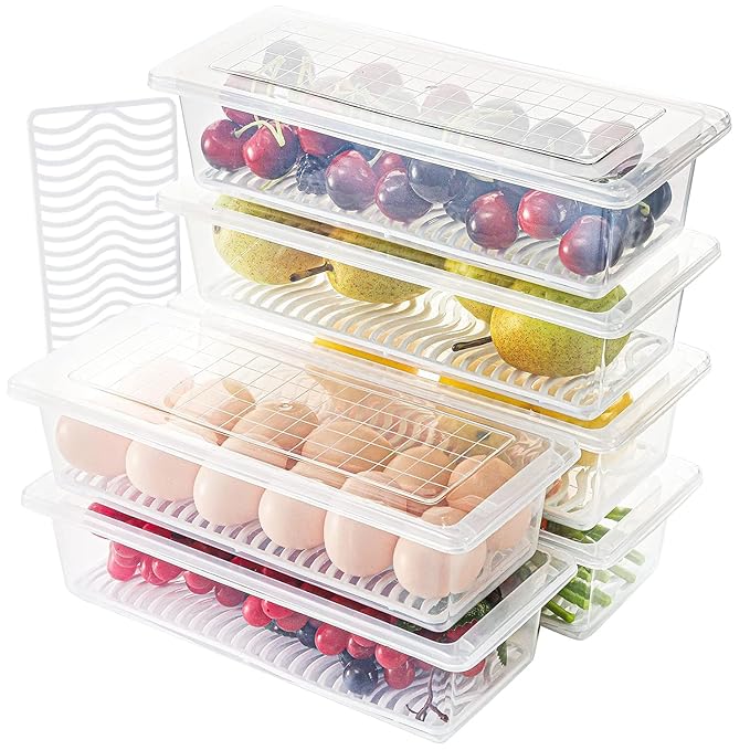 QXORE Vegetable Storage Box with Removable Drain Plate Stackable Freezer Storage Plastic Container Keep Fresh For Storing Fish Meat Vegetables Fruits(1500 ml Transparent) (6)