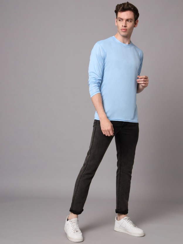 Men Solid Round Neck Polyester Light Blue T-Shirt