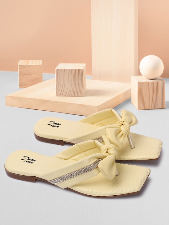 TWIN TOES - Women Yellow Open Toe Flats with Bows