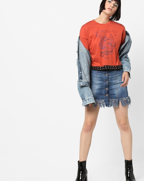 #AJIO - Printed Crew-Neck T-shirt with Drop-Shoulder Sleeves