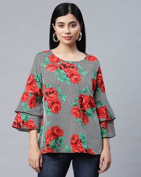 #BLUE TREND - Floral Print Top with Layered Sleeves