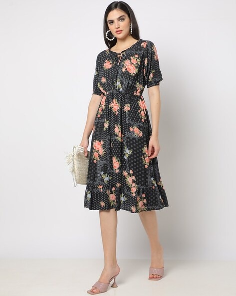 #FIG - Floral Print Round-Neck Fit & Flare Dress