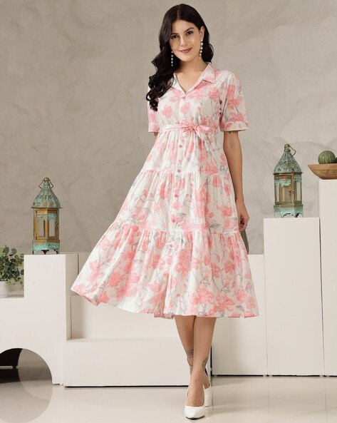 #STYLUM - Women Floral Print Tiered Dress with Short Sleeves