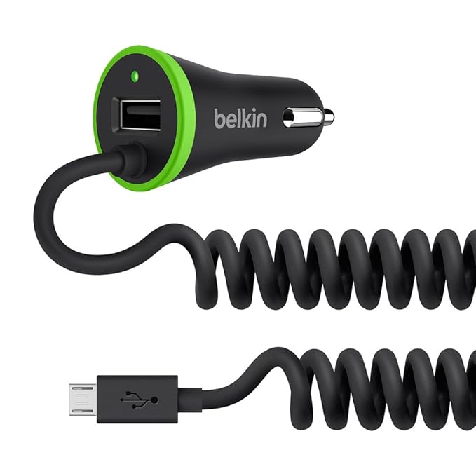 Belkin USB-A with Coiled Micro USB Cable (4 Foot) Car Charger Adapter. Conveniently Quick Charge All USB-A and Micro USB Compatible Devices (Mobiles, Tablets, Speakers and More), Black