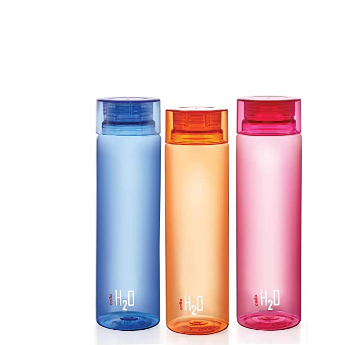 [Apply Coupon] - CELLO H2O Round Unbreakable Plastic Water Bottle | Lid is sealed by a silicone ring | Leak proof & break-proof | Best Usage for Office/School/College | 1 Liter | Assorted, Set of 3