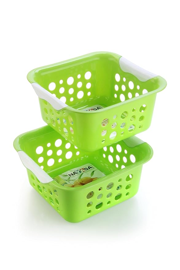 Nayasa Plastic Spotty No. 1 Fruit Basket Set, 2 Piece, 1 Liter (Small)|fruit basket for kitchen|plastic tokri for vegetables|plastic baskets for vegetables|Green