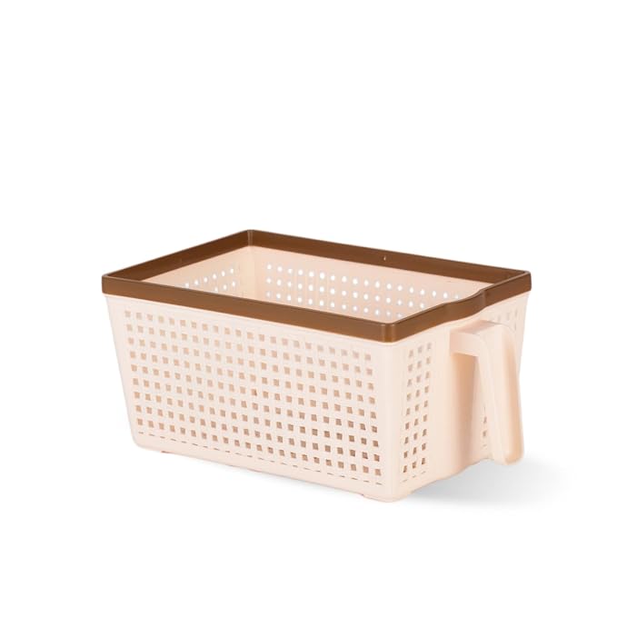 [Apply Coupon] - Nayasa Frill No. 1 Plastic Fruit Basket | 3 Litre | Veg Baskets For Storage In Kitchen | Rectangle Food Basket For Kitchen | Peach And Brown