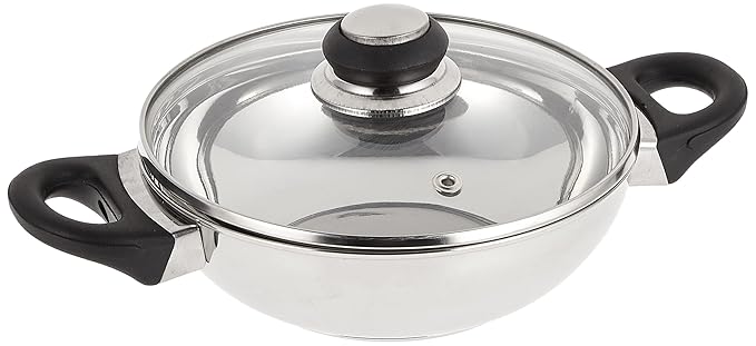 Anjali Fiesta Stainless Steel Kadai with Lid, 1.3 litres, Silver