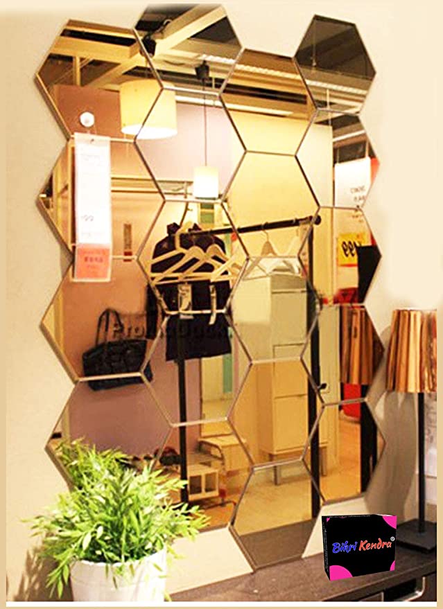 Bikri Kendra - Hexagon 20 Golden mirror stickers for wall, hexagon mirror wall stickers, acrylic mirror sticker, hexagonal mirror wall sticker, wall mirror stickers,wall stickers for hall room, (Gold)