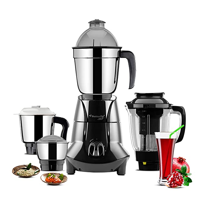 Butterfly Jet Elite 750 Watts Mixer Grinder with 4 Jars | 3 Stainless Steel Multipurpose Jars & 1 Juicer Jar | ABS Body | Sturdy Polycarbonate Juicer Jar | 2 Years Manufacturer's Warranty | Grey