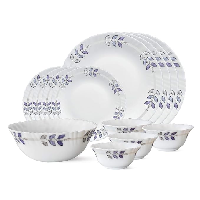 Larah by Borosil Floret Opalware Dinner Set, 13-Pieces, White