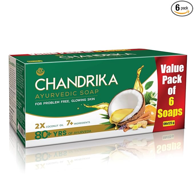 Chandrika Ayurvedic Soap Classic| Handmade Soap for Naturally Radiant Skin| For All Skin Types| 125g (Pack of 6)