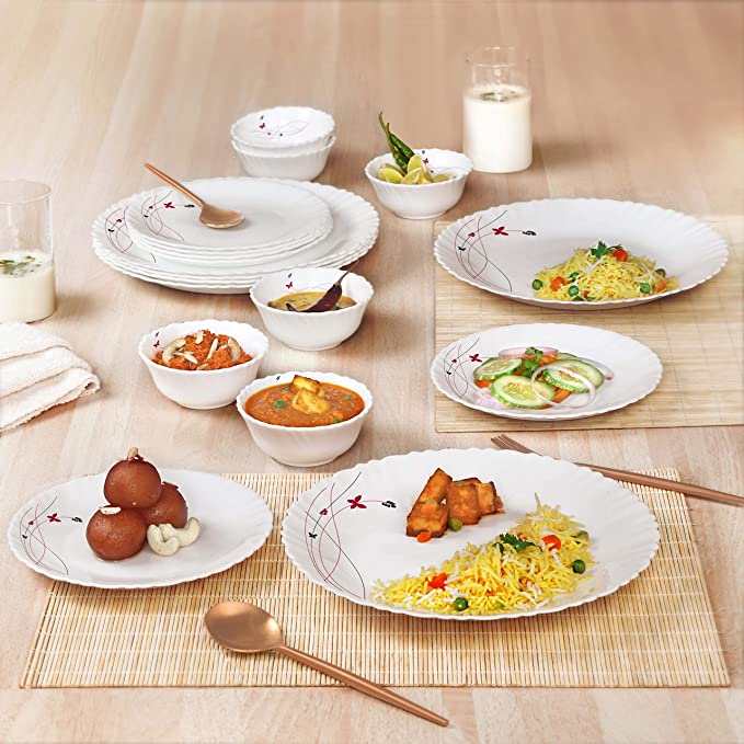 [Apply Coupon] - Cello Opalware Dazzle Series Lush Fiesta Dinner Set, 18 Units | Opal Glass Dinner Set for 6 | Light-Weight, Daily Use Crockery Set for Dining | White Plate and Bowl Set