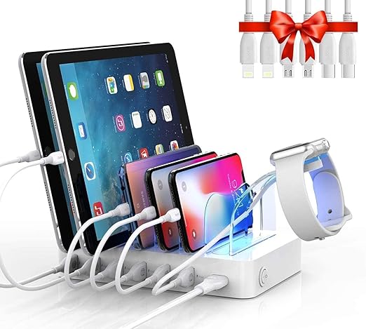 SooPii Premium 6 Port 50W Smart Charging Station and Charging Dock Multi-Port Fast USB Charger Indicators On Off Switch- with 4 Short Cables Included for Mobile Smart Phones Tablets CS61