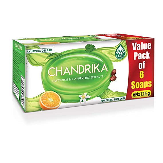 Chandrika Glycerine Ayurveda Gel Bar| Glycerine Bath Soap with Jojoba Oil for Moisturized Skin| For All Skin Types| 125g (Pack of 6)