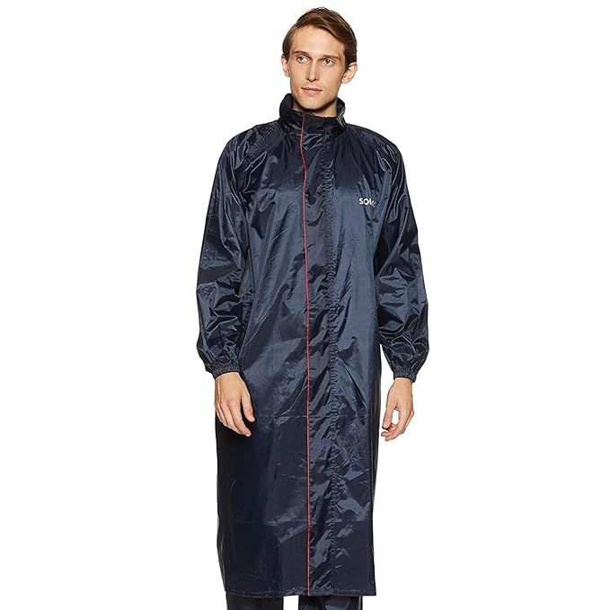 Amazon Brand - Solimo Men Polyester Water Resistant Long Rain Coat (Blue, Small)