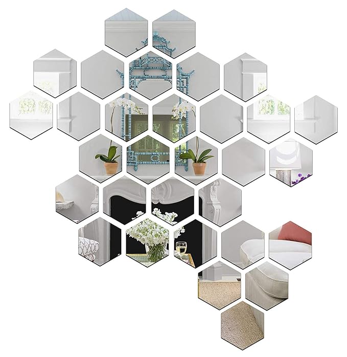 [Apply Coupon] - Wall1ders 31 Hexagon with 10 Butterflies Silver (Each Hexagon Size 10.5 cm x 12 cm) Hexagon mirror wall stickers, mirror stickers for wall, acrylic mirror wall decor sticker, wall mirror stickers, hexagonal mirror wall sticker.