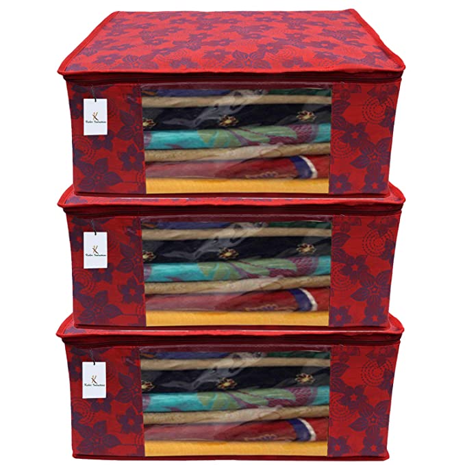 Kuber Industries Clothes Organizer For Wardrobe (Pack of 3) - Storage Organizer For Saree | Shirts | Lehanga | Clothes - Dress Organizer For Wardrobe - Saree Covers With Zip (Printed) (Red)
