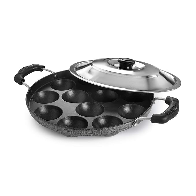 Cello Non-Stick 12 Cavity Appam Patra Pan with Stainless Steel Lid | 2 Side Handle | Appam Maker | Appam Patra | Appam pan | Litti Maker | Appe Stand | Dishwasher Safe