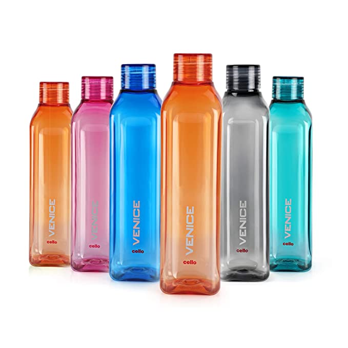 [Apply Coupon] - CELLO Venice Plastic Water Bottle | Unbreakable and Hygienic | Perfect for staying hydrated at the school,college, work, gym and outdoor adventures Water Bottle | 1 Litre | Set of 6, Assorted