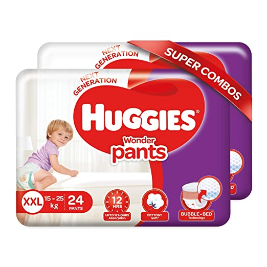 Huggies Complete Comfort Wonder Pants | Pant Style Baby Diapers XXL Size, 48 Count | India's Fastest Absorbing Diaper, Patented Dry Xpert Channel, Ideal for 15 to 25 Kgs