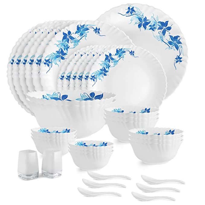 [Apply Coupon] - Cello Opalware Dazzle Series Blue Swirl Dinner Set, 35 Units | Opal Glass Dinner Set for 6 | Light-Weight, Daily Use Crockery Set for Dining | White Plate and Bowl Set