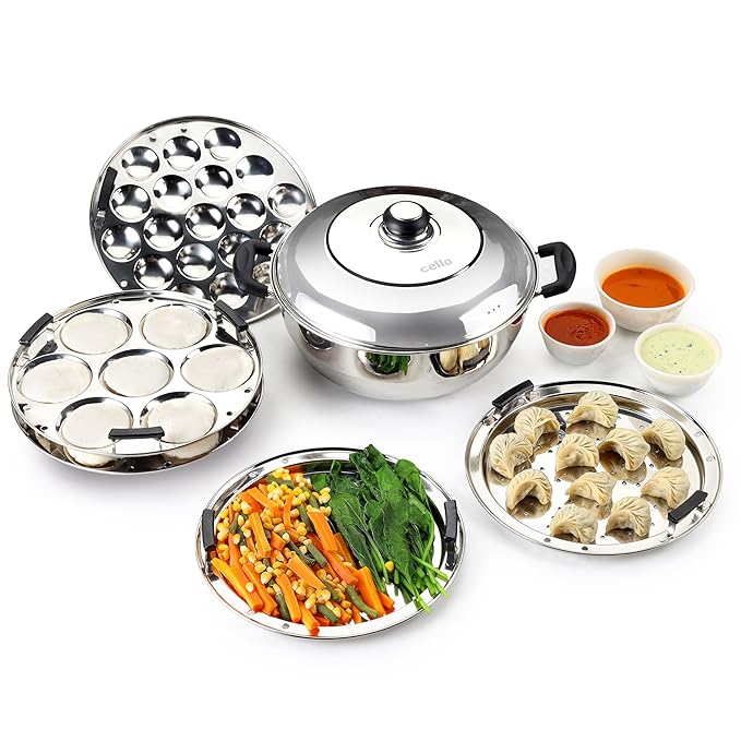 Cello Stainless Steel Induction Base Idli Cooker And Multi Kadhai Set of 6, Silver, 5 liter | Compatible With Gas Stove & Induction | Ideal For Dhokla, Patra, Idli and Momos