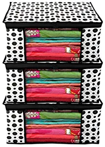 Kuber Industries Clothes Organizer For Wardrobe (Pack of 3) - Storage Organizer For Saree | Shirts | Lehenga - Dress Organizer For Wardrobe - Saree Covers With Zip (Polka Dots) (Black and White)