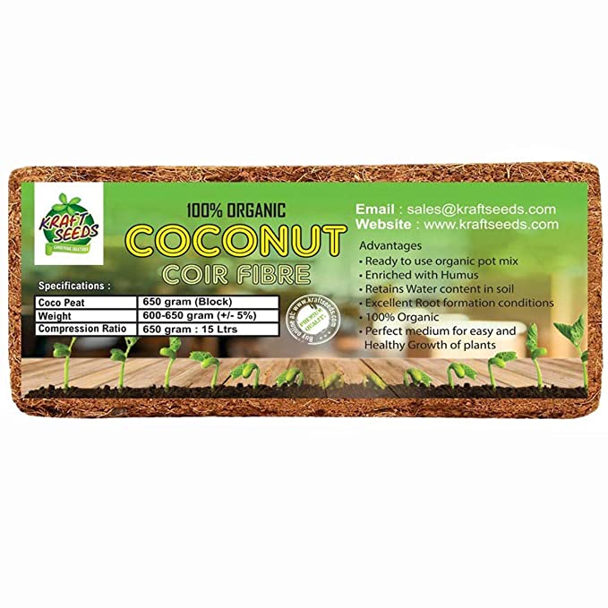 Kraft Seeds! Premium Coconut Coir Pith COCOPEAT 650Grams brick/block, Organic Use Expands upto 10 Litres of COCO PEAT Powder Home Garden Manure