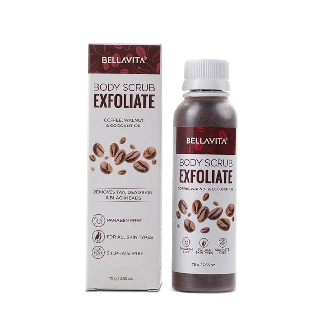 BELLAVITA Exfoliate Coffee Scrub for Face & Body, Blackhead Remover, De Tan Removal Ayurveda, Dirt Removal from Neck, Knees, Elbows, Arms 75 g (Pack of 1)