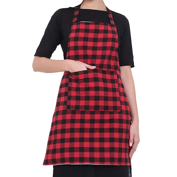 GLUN Waterproof Full Size Unisex Kitchen Checkered Apron with 2 Big Front Centre Pocket and Adjustable Neck Strap (RED-CHECKERED)