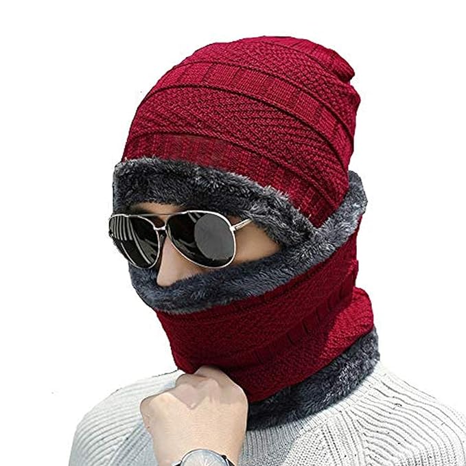 Kandid Wool Beanie Cap & Muffler Set for Men and Women | Warm Winter Wool Hat and Scarf | Soft and Cozy Winter Accessories | Red Knit Cap and Scarf Set for Cold Weather