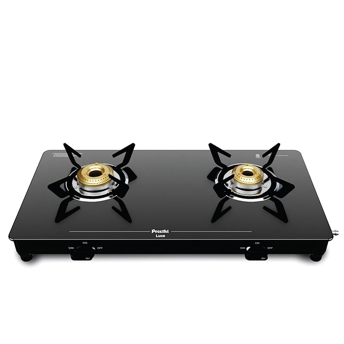 [Apply Coupon] - Preethi Luxe 2 Burner Glass Top Gas Stove With Driptray Less Infinity Design, 5 Year Warranty on Glass & Burner, Manual Design, Black