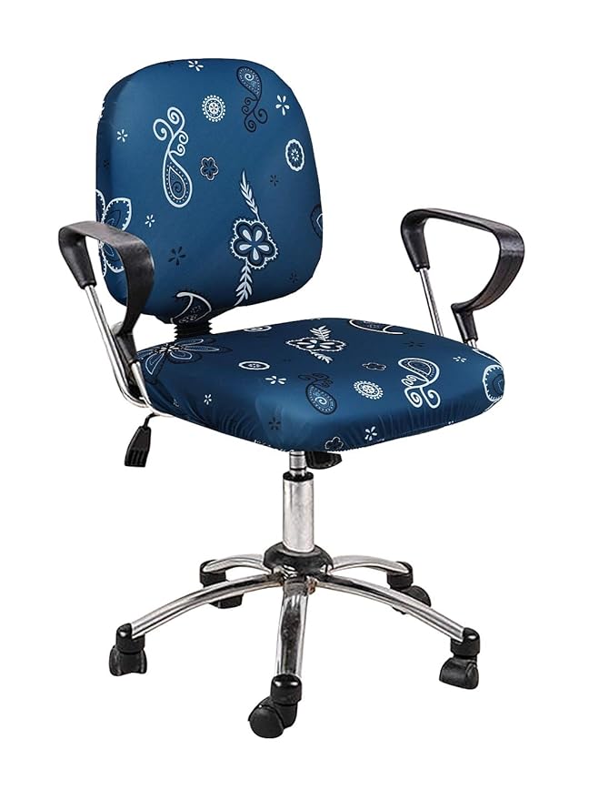 Cortina Corporate Office Chair Covers | Removable Chair Protector | Executive Rotating Chair Seat Case | Stretchable Elastic Polyester Spandex Fabric | Floral Print  -  Blue 1 | Chair Cover Set of 1