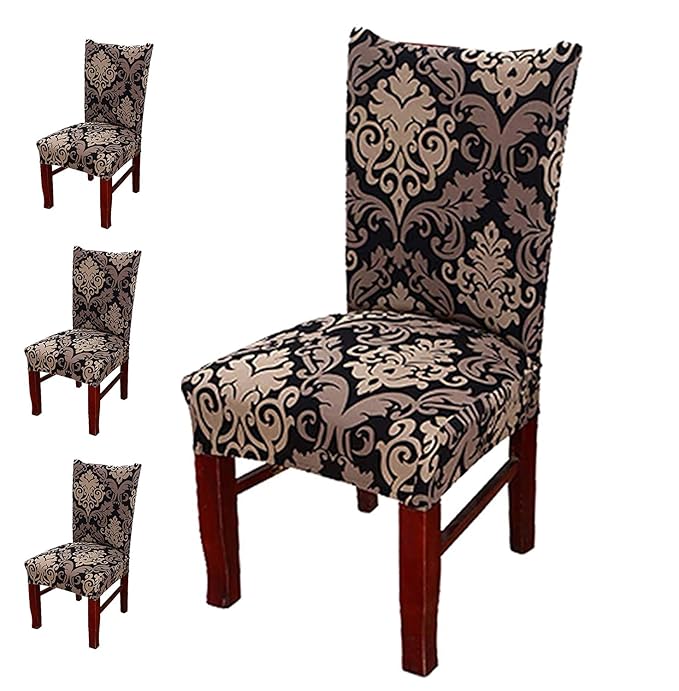 Styleys SLMC123 Polyester Blend Stretchable Washable Elastic Floral Printed Dining Chair Covers (Large, Royal Black/Gold) -Pack of 4