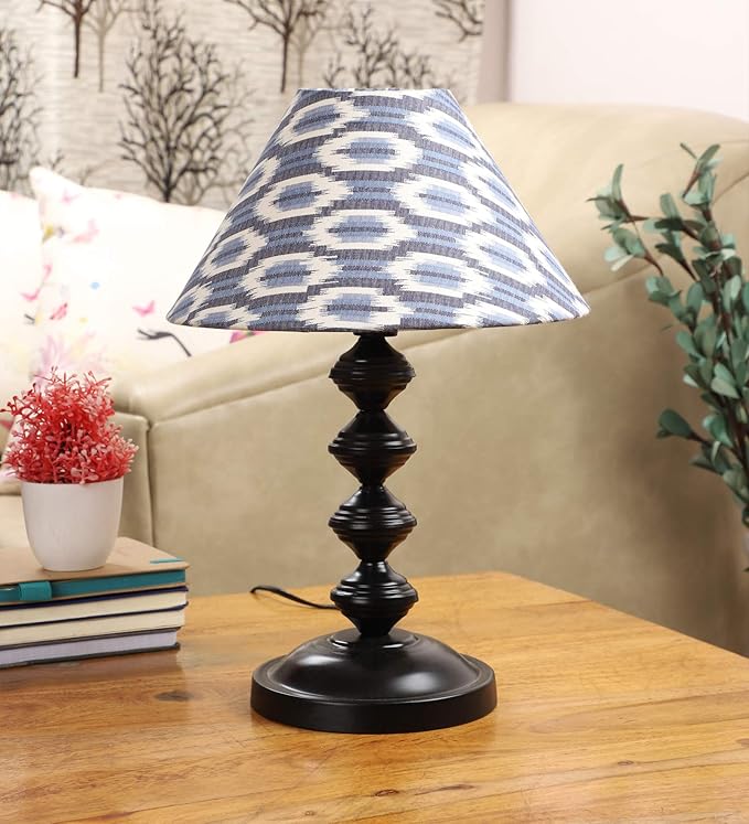 tu casa Table Lamps Black Metal Base with Blue/White Cotton (Ikat Print) Shades for Home Décor, Bedrooms, Living Room, Gifting, Diwali Decoration, Dining Space, Study Room, Restaurants (H-14.5")