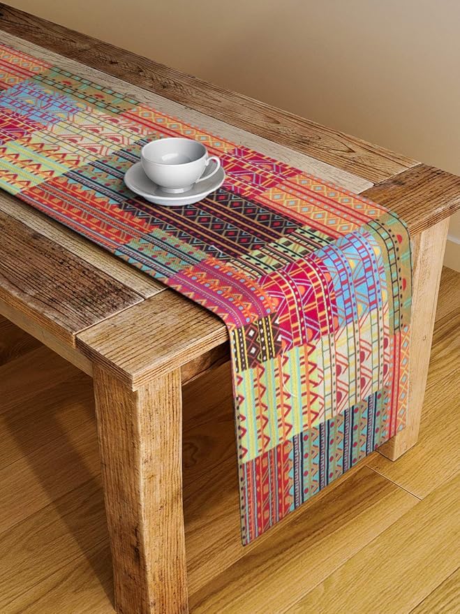 Alina decor Poly Cotton Tribal Pattern Hd Printed Washable Runner for Dining Table Runner/Table Runner for Dining Table 4-6 Seater Table Runner Cloth (Multicolor, 13 Inch X 58 Inch)., Large