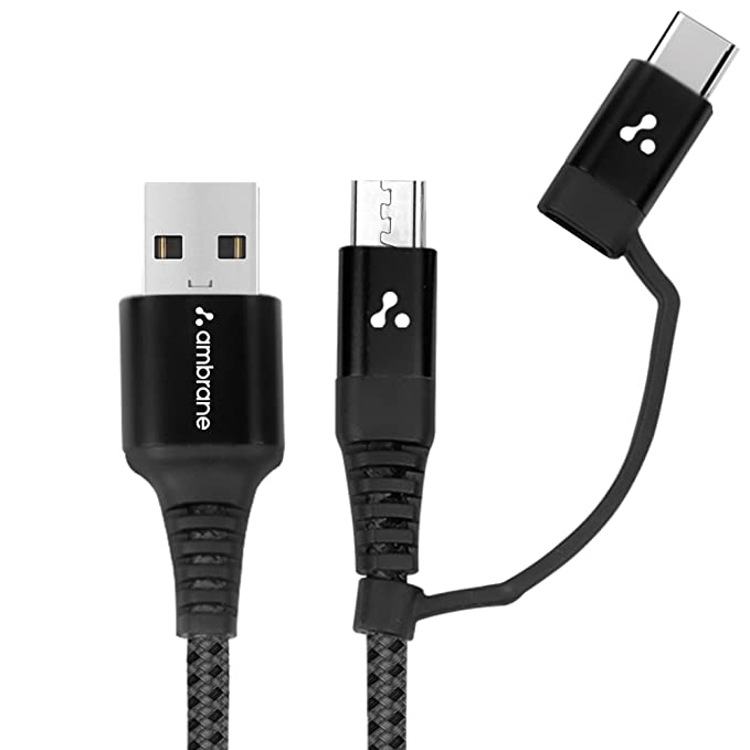 Ambrane 2 in 1 Type-C & Micro USB Cable with 3A Fast Charging Mobile Cable, 480 mbps Data Sync, Quick Charge 3.0, 1m Braided Cable, Compatible with All Type-C & Micro USB Devices (ABDC-10, Black)