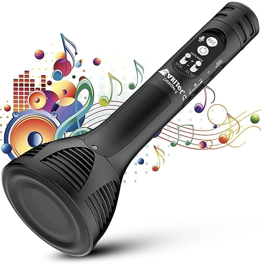 VRJTEC Wireless 2 in 1 Mic  -  Portable & MultifunctionalHandheld Microphone With Audio Recording + USB Charging + Card Slot + Aux Port , Perfect For House Parties, Karoke Singing (Black - Color)