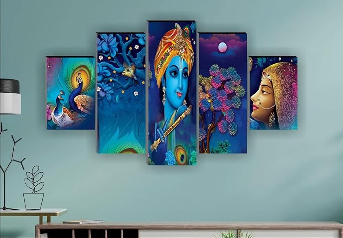 [Apply Coupon] - SAF paintings Set Of 5 Radha Krishna Wall Painting With Frame For Home Decoration, Living Room Office, Hotel (76 X 45 CM) Multicolor, Theme : Religious SANFPNLS31211