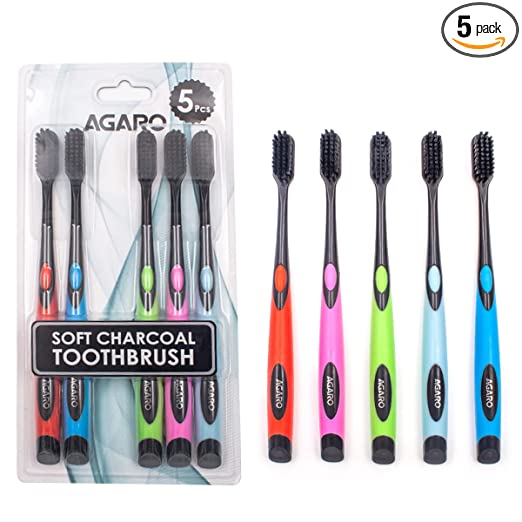 AGARO Charcoal Manual Toothbrush, Gentle Soft, Teeth Whitening For Adults & Children, Medium Tip Bristles, Family Pack of 5, Mix Colour