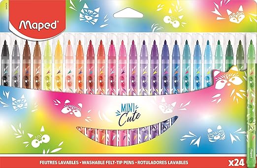 Maped - Mini Cute felt tip pens, Pack of 24 | Bright And Vibrant Colours | Child Safe Sketch Pens | Completely Non - Toxic And Long- Lasting Sketch Pens