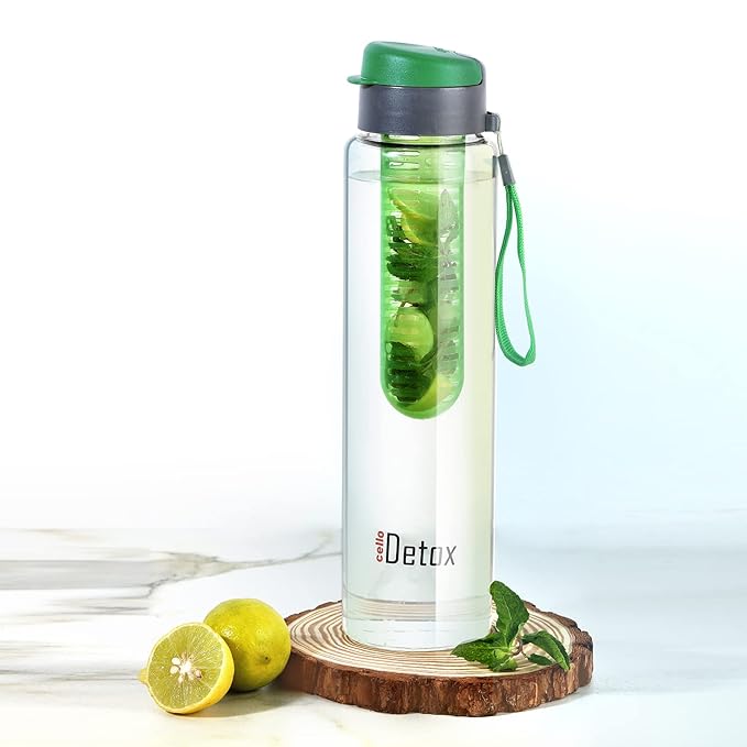 [Apply Coupon] - CELLO Detox Fruit & Tea Infuser Glass Water Bottle| Wide Cap Sealed With Flip Top | Leak Proof & Durable | Ideal for Gym, Office, Travel | 750ml, Green