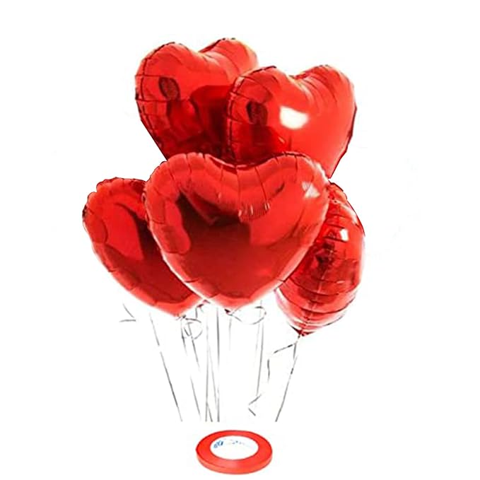 AMFIN® (Pack of 5) 18 Inch Red Heart Shaped Balloons, Heart shape balloons for decoration, Red heart balloons for decoration, Red heart foil balloons, valentine balloons decoration - Red