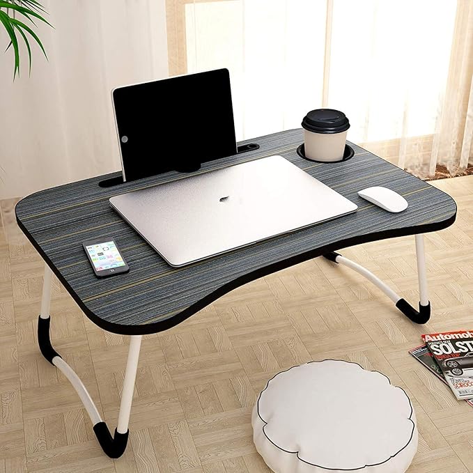 Anjaney Enterprise Metal Smart Multipurpose Foldable Laptop Table With Cup Holder, Study Table/Bed Table/Breakfast Table, Foldable & Portable/Ergonomic & Rounded Edges/Non-Slip Black, 39.3 Cm, 59.7 Cm