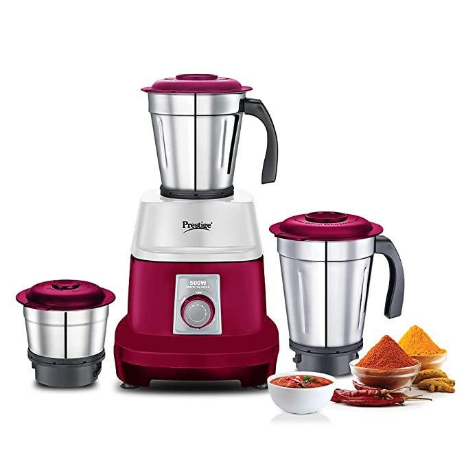 Prestige 500 Watts Orion Mixer Grinder with 3 Stainless Steel Jars |2 years warranty| Red & White