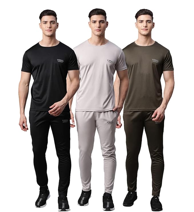 [Apply Coupon] - VIMAL JONNEY Dryfit Solid Lycra Multicolor Tracksuit Co-ord Sets for Men (Pack of 3)-DRYFIT_T_D10_BLK_GRY_L.GRY_06-P