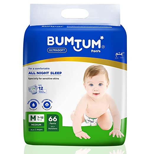 [Apply Coupon] - Bumtum Baby Diaper Pants, Medium Size, 66 Count, Double Layer Leakage Protection Infused With Aloe Vera, Cottony Soft High Absorb Technology (Pack of 1)