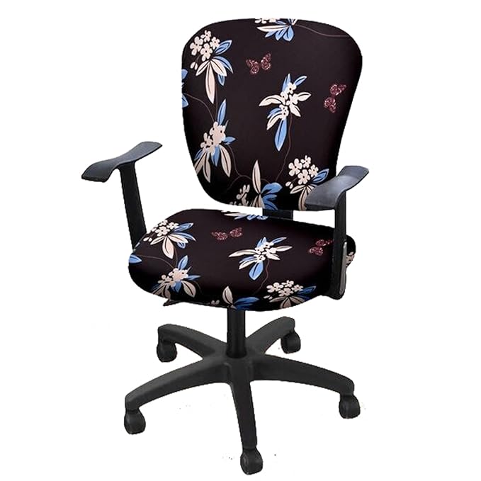 House of Quirk Polyester Snapdex Stretch Print Computer Office Chair Cover, Removable Washable Universal Desk Rotating Chair Slipcover (Black Flower, Pack of 1)